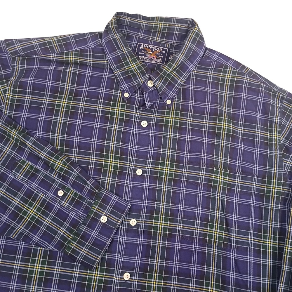 American Living Mens XXL Navy Blue Green Plaid Cotton Button Down Shirt LS